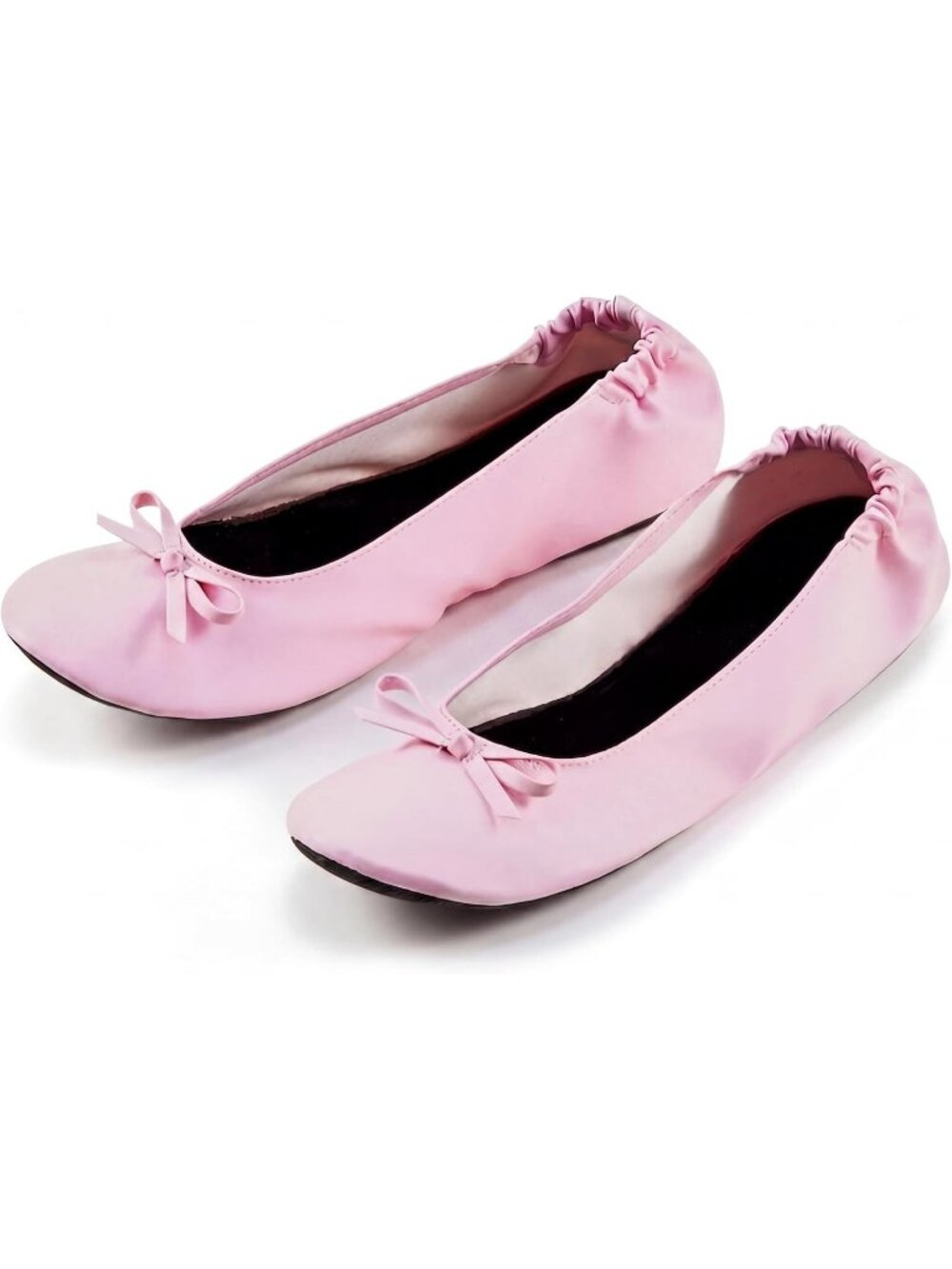 Women's Pink Leather Foldable Ballet Flats Roll Up Travel Shoes With Pouch